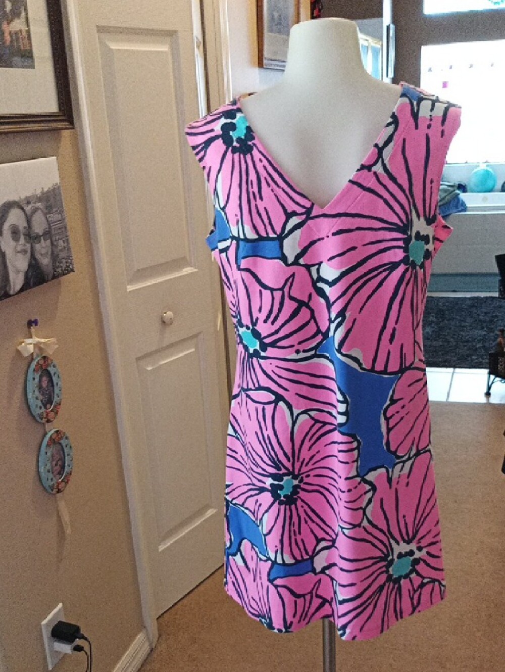 Mahi Gold Pink & Blue Floral V-Neck Shift Dress Size Medium - Picture 3 of 5